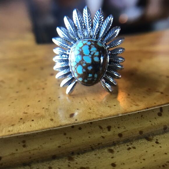 Natural Blue Turquoise Feather Crown Ring Size 7 - Picture 10 of 10
